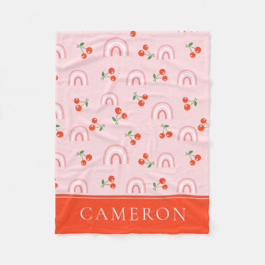 ピンクレインボーさくらんぼパターン フリースブランケット (正面)