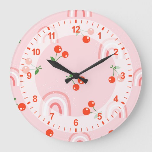 ピンクレインボーさくらんぼパターン ラージ壁時計 (正面)