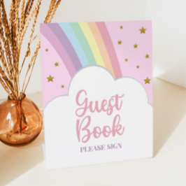 ピンクレインボーアンドスターズゲストブックパーティーテーブル 台座サイン