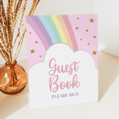 ピンクレインボーアンドスターズゲストブックパーティーテーブル 台座サイン