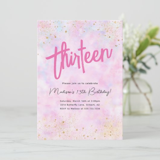 ピンクレインボーウォーターカラー誕生日任意の年齢招待状 招待状 (スタンド正面)