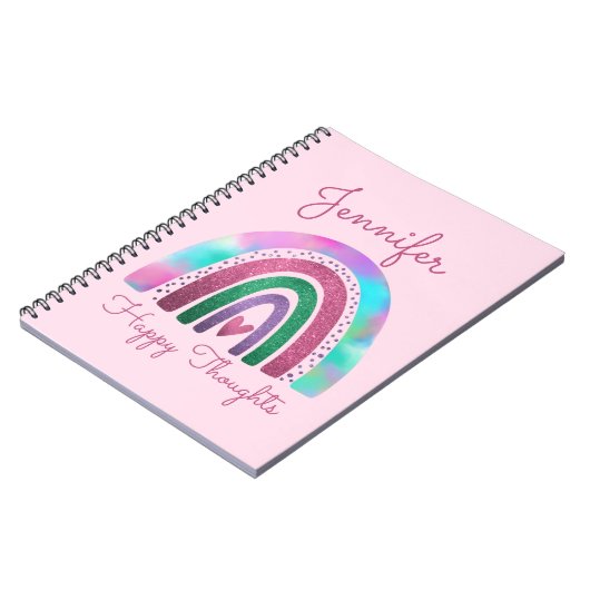 ピンクレインボーグリッター&ハートガールズパーソナライズされた ノートブック (左側)