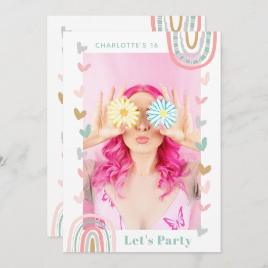 ピンクレインボースウィート16モダンボホバースデーパーティー 招待状 (正面/裏面)