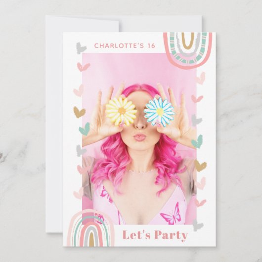 ピンクレインボースウィート16モダン誕生日パーティー 招待状 (正面)