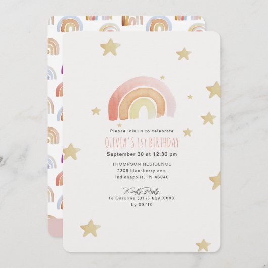 ピンクレインボースターズファースト誕生日パーティー 招待状 (正面/裏面)