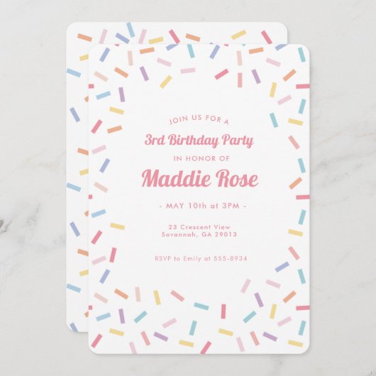 ピンクレインボースプリンクルズ誕生日招待状 招待状 (正面/裏面)