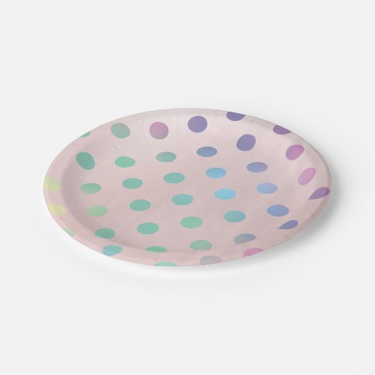 ピンクレインボーパステル水玉模様バースデーパーティー ペーパープレート (アングル)