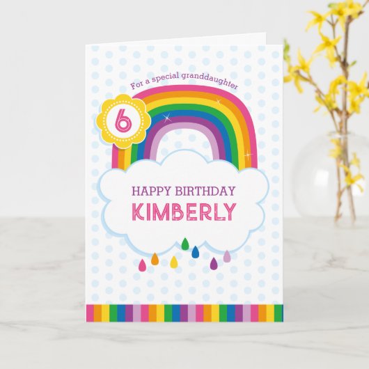 ピンクレインボーパーソナライズされた誕生日カー子供へド カード (黄色い花)