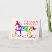 ピンクレインボーユニコーンフラワーガールハッピーバースデー カード (正面)