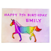 ピンクレインボーユニコーンホースネームガール誕生日 ラージペーパーバッグ (裏面)