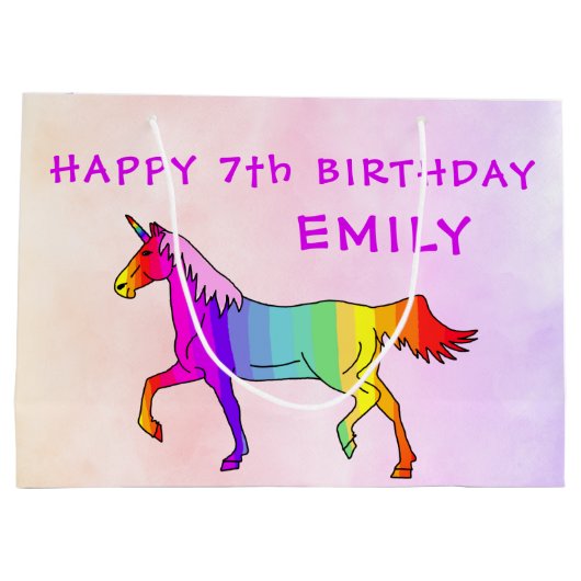 ピンクレインボーユニコーンホースネームガール誕生日 ラージペーパーバッグ (裏面)