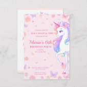 ピンクレインボーユニコーンマジカル誕生日招待状 招待状 (正面/裏面)