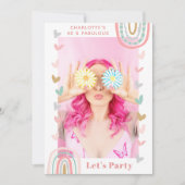 ピンクレインボー40と素晴らしいモダン誕生日パーティー 招待状 (正面)