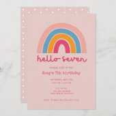 ピンクレインボー ハローセブンガール 7歳の誕生日パーティー 招待状 (正面/裏面)