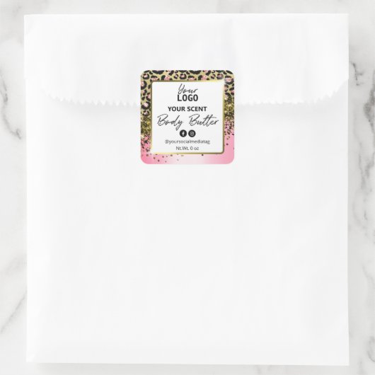 ピンクレオパード印刷ホワイト金ゴールド体バターラベル スクエアシール (バッグ)