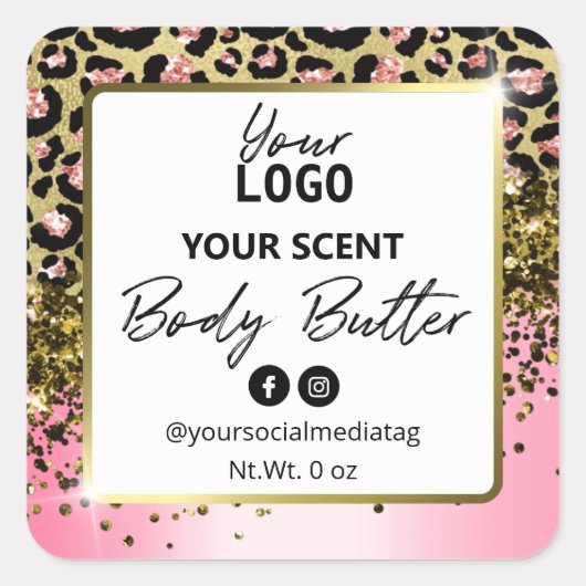 ピンクレオパード印刷ホワイト金ゴールド体バターラベル スクエアシール (正面)