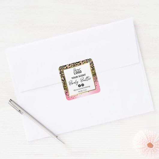 ピンクレオパード印刷ホワイト金ゴールド体バターラベル スクエアシール (封筒)