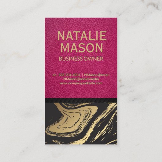 ピンクレザー |黒い金ゴールド大理石 名刺 (裏面)