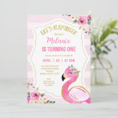 ピンクレストライプのーズフラミンゴフラミンゴ誕生日 招待状 (スタンド正面)