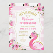 ピンクレストライプのーズフラミンゴフラミンゴ誕生日 招待状 (正面/裏面)