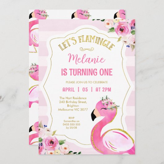ピンクレストライプのーズフラミンゴフラミンゴ誕生日 招待状 (正面/裏面)