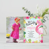 ピンクレッズフラミングルフローラ葉フォト誕生日 招待状 (スタンド正面)