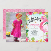 ピンクレッズフラミングルフローラ葉フォト誕生日 招待状 (正面/裏面)