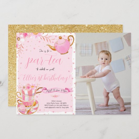 ピンクレッツパーティーバースデーパーティーの写真 招待状 (正面/裏面)