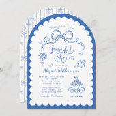 ピンクレッドお洒落レトロ手描きブライダルシャワー 招待状 (正面/裏面)