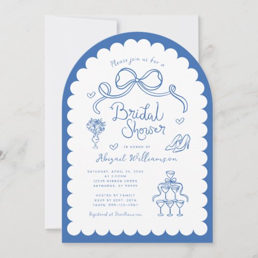 ピンクレッドお洒落レトロ手描きブライダルシャワー 招待状 (正面)