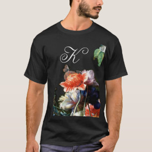 ピンクレッドアネモネ白花、蝶モノグラム Tシャツ