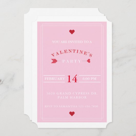 ピンクレッドアローバレンタインデーパーティの招待状 招待状 (正面/裏面)