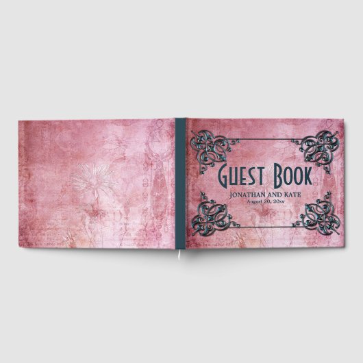 ピンクレッドインスパイアヴィンテージパーソナライズされた結婚ズ ゲストブック (全面)