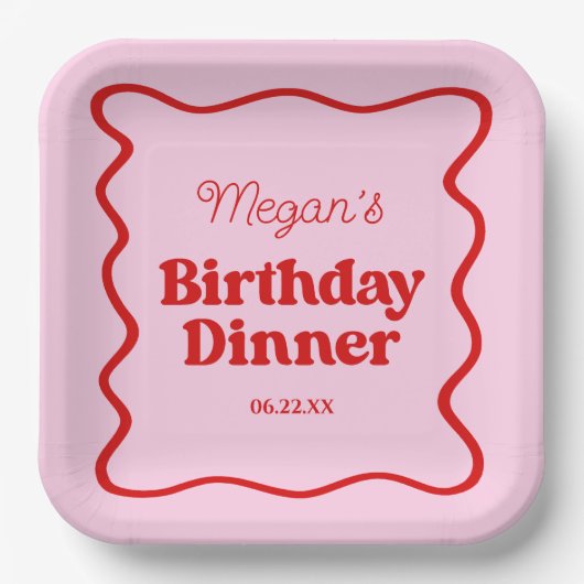 ピンクレッドウェー縁どブ誕生日ディナーパーティー ペーパープレート (正面)