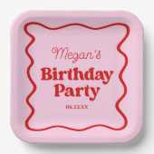 ピンクレッドウェー縁どブ誕生日パーティー ペーパープレート (正面)