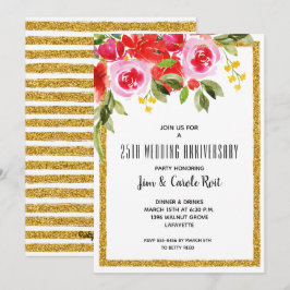 ピンクレッドウォーターカラーフローラ記念日招待状