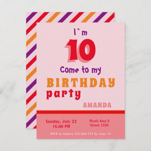 ピンクレッドオレンジガーリーの誕生日パーティーの招待 インビテーションポストカード (正面/裏面)