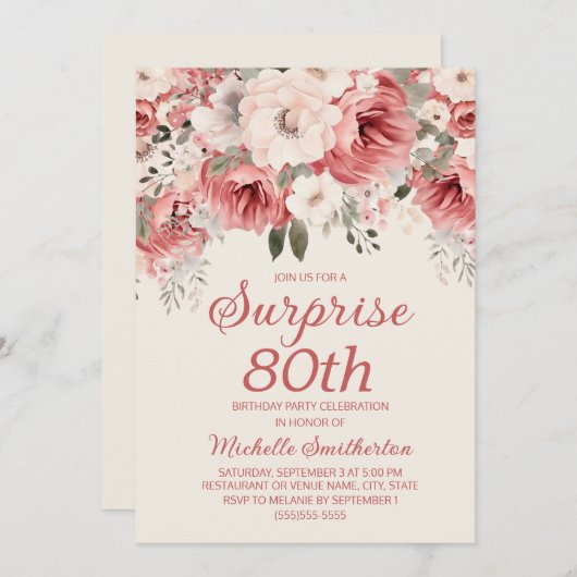 ピンクレッドクリームウォーターフローラサプライズ80th 招待状 (正面/裏面)