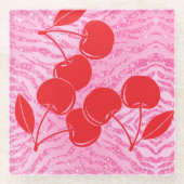 ピンクレッドグリッターゼブラさくらんぼ ガラスコースター (正面)
