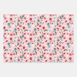  ピンクレッドグリーンカウトコージークリスマスパターン ラッピングペーパーシート