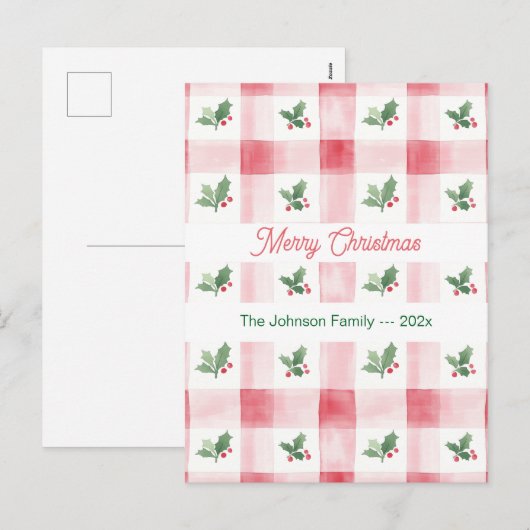 ピンクレッドグリーンレトロクリスマスパターン シーズンポストカード (正面/裏面)