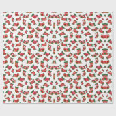 ピンクレッドグリーン図解入りの、写真付きのストッキングクリスマス ラッピングペーパー (フラット)