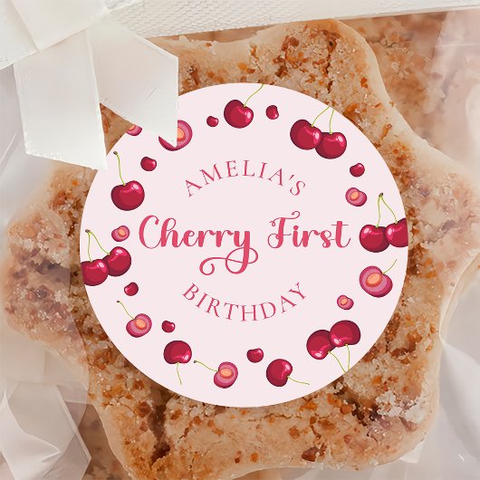 ピンクレッドコケットさくらんぼオントップ誕生日ステッカー ラウンドシール