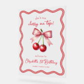 ピンクレッドコケットさくらんぼ1stバースデーウェルカム アクリルサイン (傾斜)