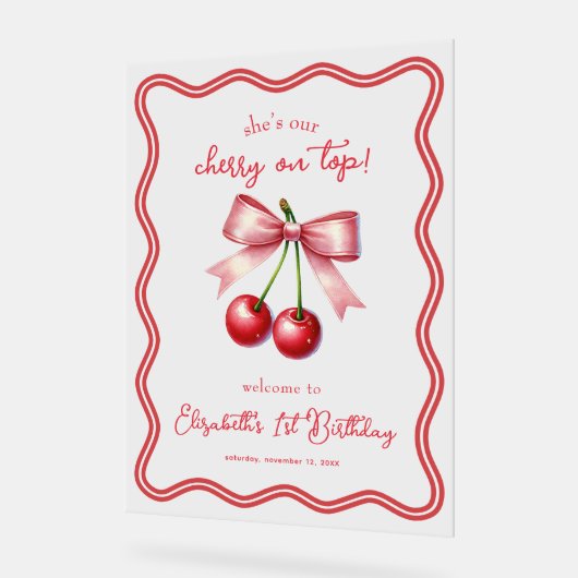 ピンクレッドコケットさくらんぼ1stバースデーウェルカム アクリルサイン (傾斜)