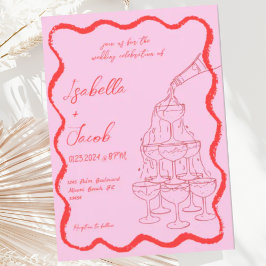ピンクレッドシャンパンタワーウェーブハンドドロー結婚ド 招待状