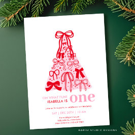 ピンクレッドツリーコケットボーガール1st誕生日 招待状