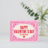 ピンクレッドハンドプリントレトロハッピーバレンタインデー ポストカード (スタンド正面)