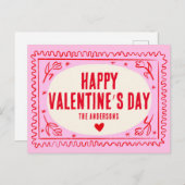 ピンクレッドハンドプリントレトロハッピーバレンタインデー ポストカード (正面/裏面)