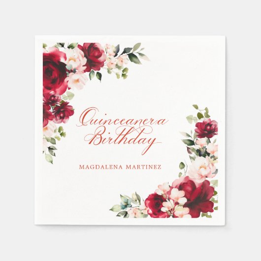 ピンクレッドフローラクイセアネラ誕生日 パーソナライズされた スタンダードカクテルナプキン (正面)